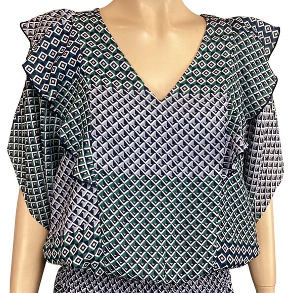 Parker Geometric Print VNeck Ruffle Sleeve Dress Medium Mini Dress Stretch Waist - Picture 7 of 9